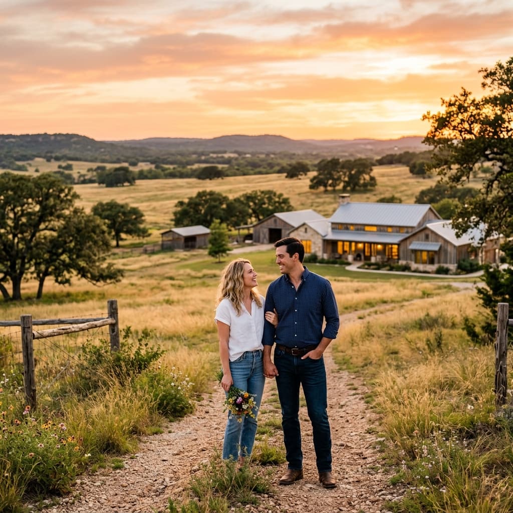 Stunning Texas ranch at sunset with a happy couple looking at their land